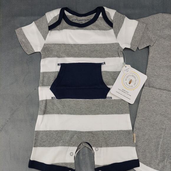 Burt's Bees Baby Boy 2 Pack Organic Cotton Romper Set Gray & Blue Stripes 6-9M - Picture 2 of 7